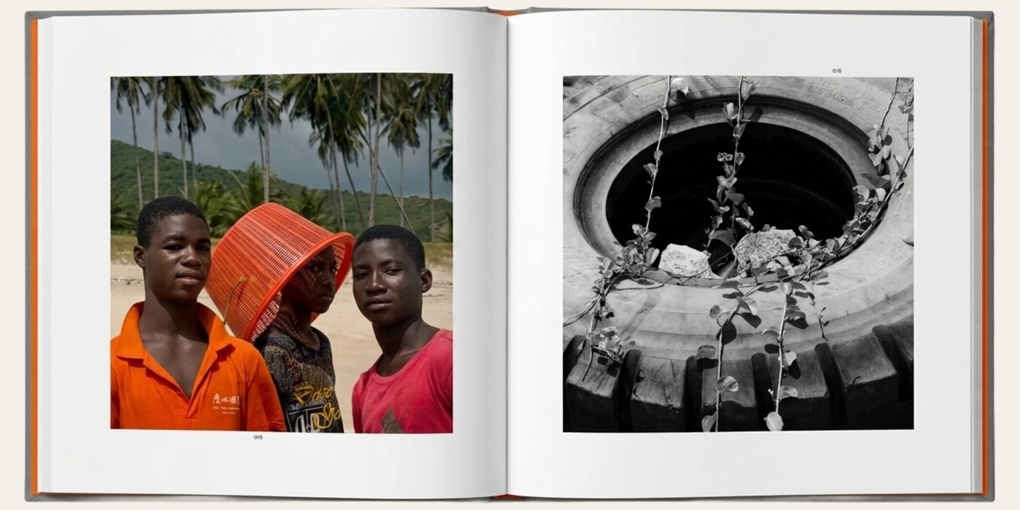The Matriarch's Line opened flat to a spread — a color portrait of three young men against palm trees on the left page, a black-and-white photograph of a tire overgrown with climbing vines on the right. Gray Cialux cloth cover with Sirio Arancio orange endpapers visible at the outer edges.